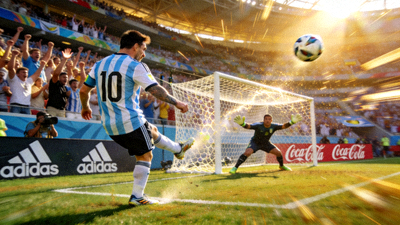 足球比赛中梅西精彩任意球破门瞬间